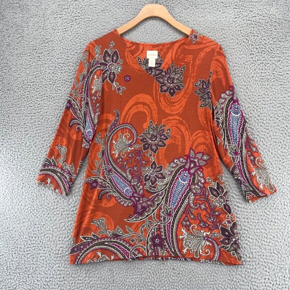 Chico's Tops - Chicos Top Womens 0 US Small Brown Russet Paisley Multi Print 3/4 Sleeve Stretch